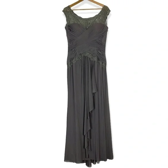 VM COLLECTION ILLUSION CAP SLEEVE RUCHED BUST BEADED FORMAL EVENING GOWN - Picture 3 of 16